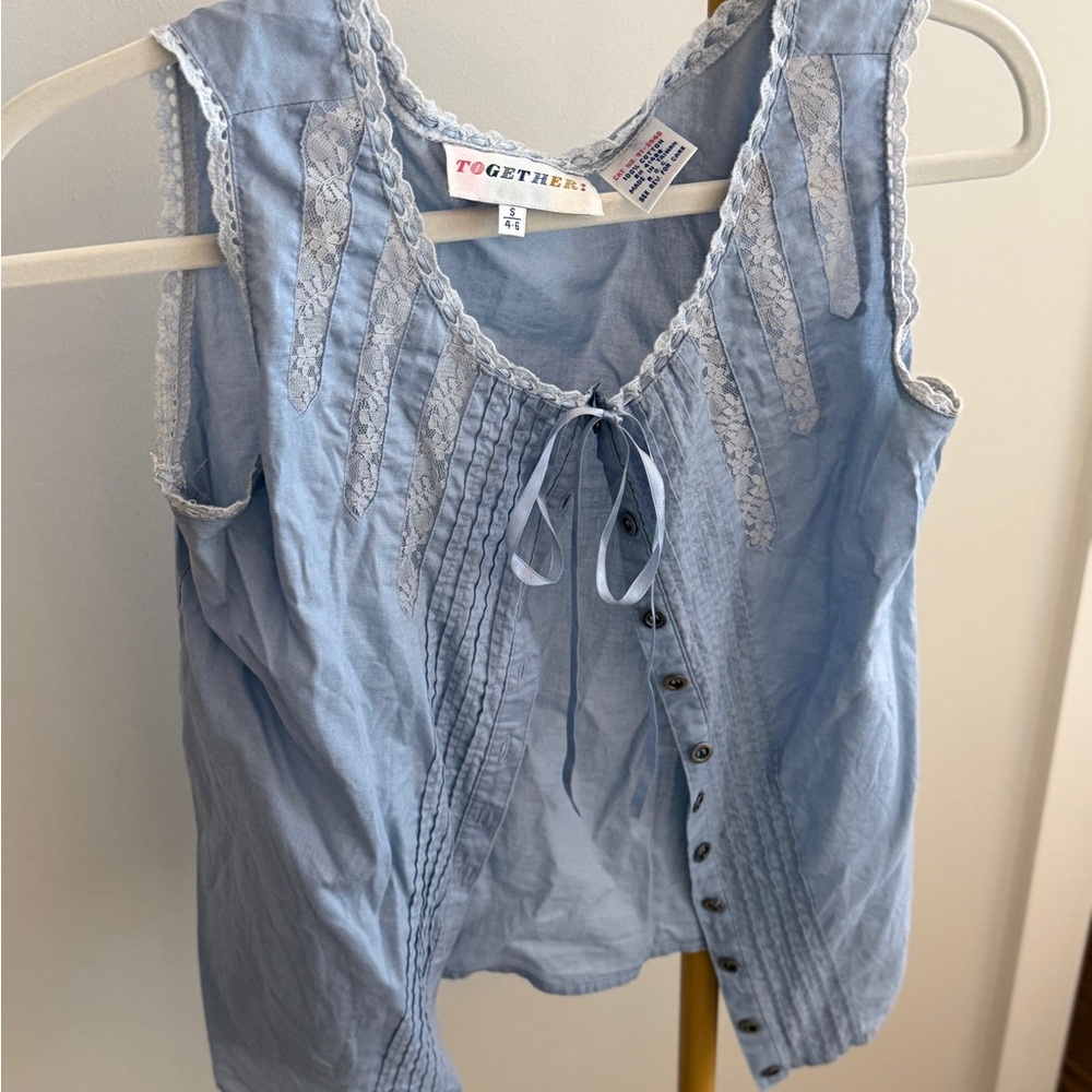 Together Light Blue Lace-Trim Button Down Tank Top